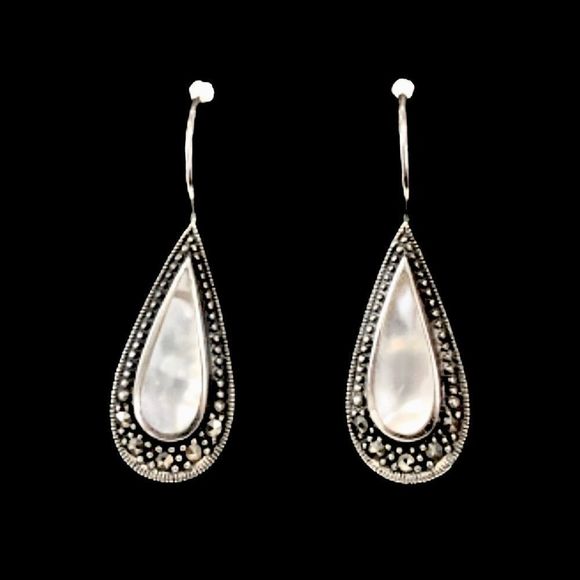 Sterling Silver 925 Marcasite Outlined Mother of Pearl Drop Earrings - Picture 3 of 13